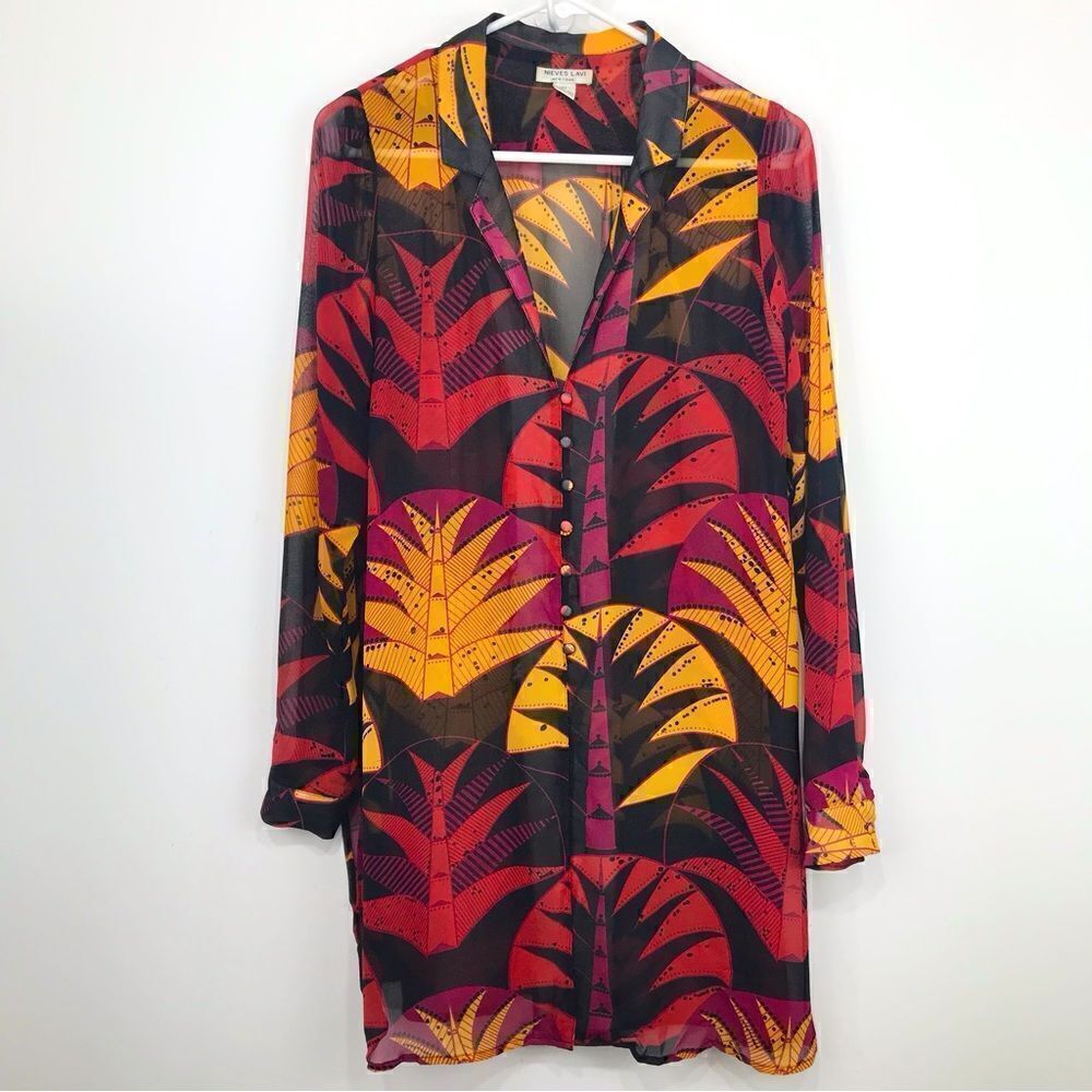 Nieves Lavi 100% Silk Black Red Yellow Tribal Tropical Semi Sheer Tunic Blouse